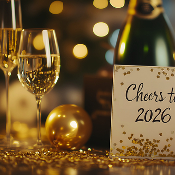 Zwei Sektgläser mit einer „Cheers to 2026“-Kartz