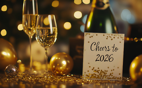 Zwei Sektgläser mit einer „Cheers to 2026“-Kartz
