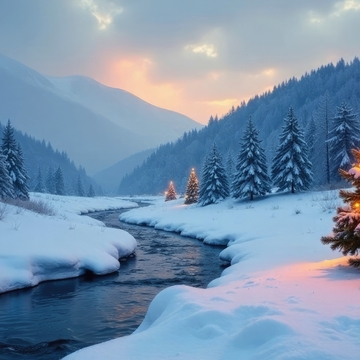 Winterlandschaft mit Weihnachtsbaum neben einem zugefrorenen Bach - © Sutasinee - stock.adobe.com