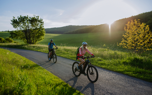 aktives Seniorenpaar fährt E-Bike